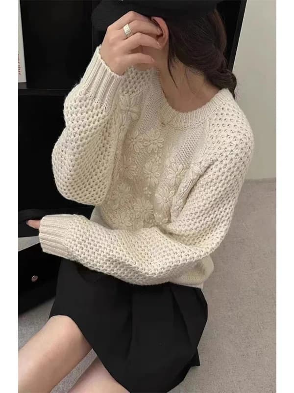 Maglione da Donna a Maglia Rotonda con Motivo a Spina di Pesce, Morbido e Confortevole, Versione Coreana Casual