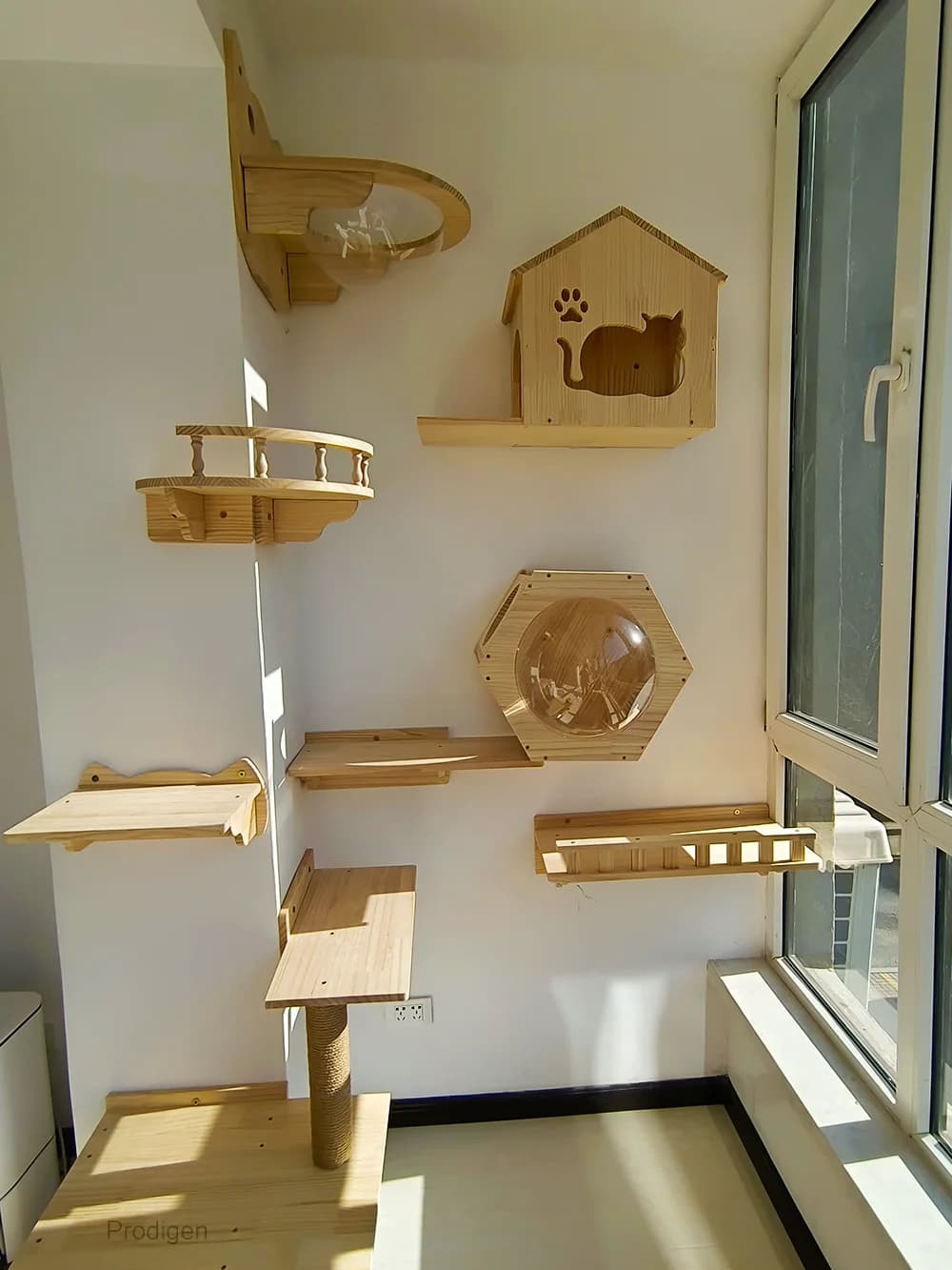 Set di mobili in legno massello a parete Telaio da arrampicata per gatti Amaca Tiragraffi Mensola con piattaforma per saltare in sisal Scaletta