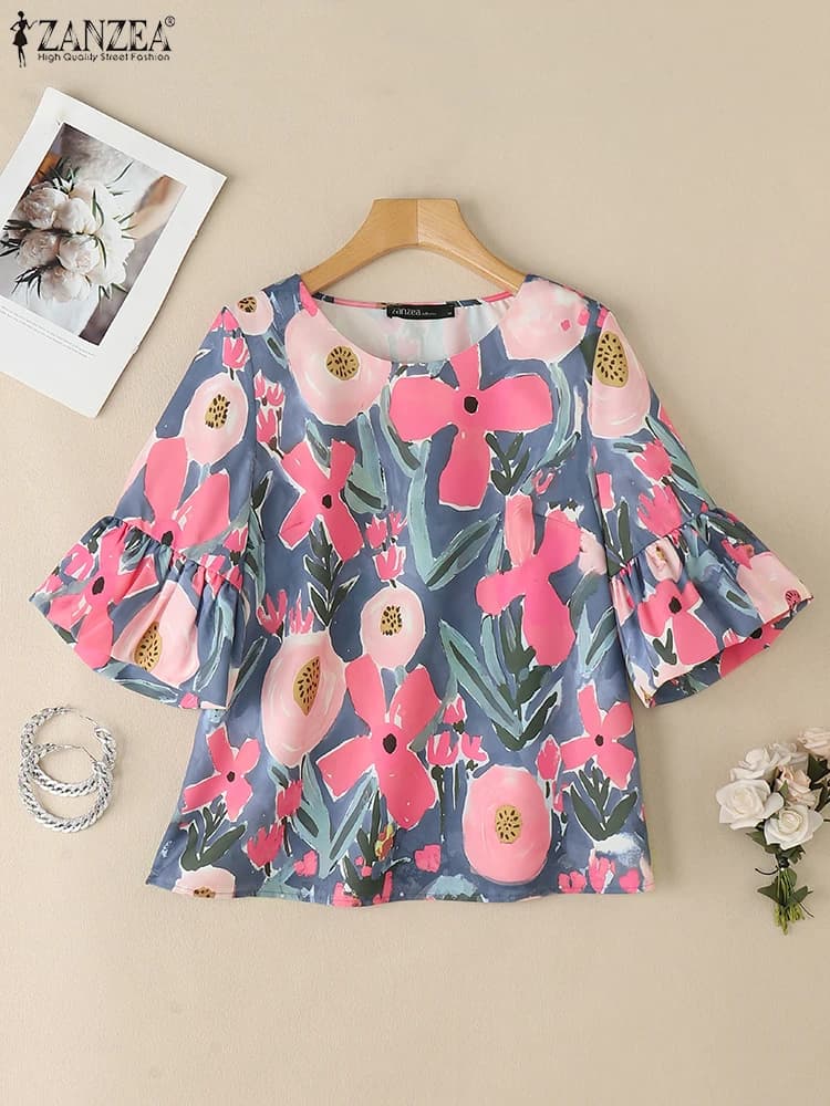 ZANZEA Donna Casual Camicette con stampa floreale 2025 Moda estiva 3/4 Manica svasata O-Collo Blusas allentati Mujer Abbigliamento da giorno Top per le vacanze