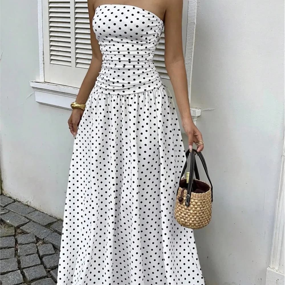Elegant Polka-dot Dresses Solid Color Strapless Lady High-waist Robe Commuting Party Business Shopping Beach Confession Vestidos