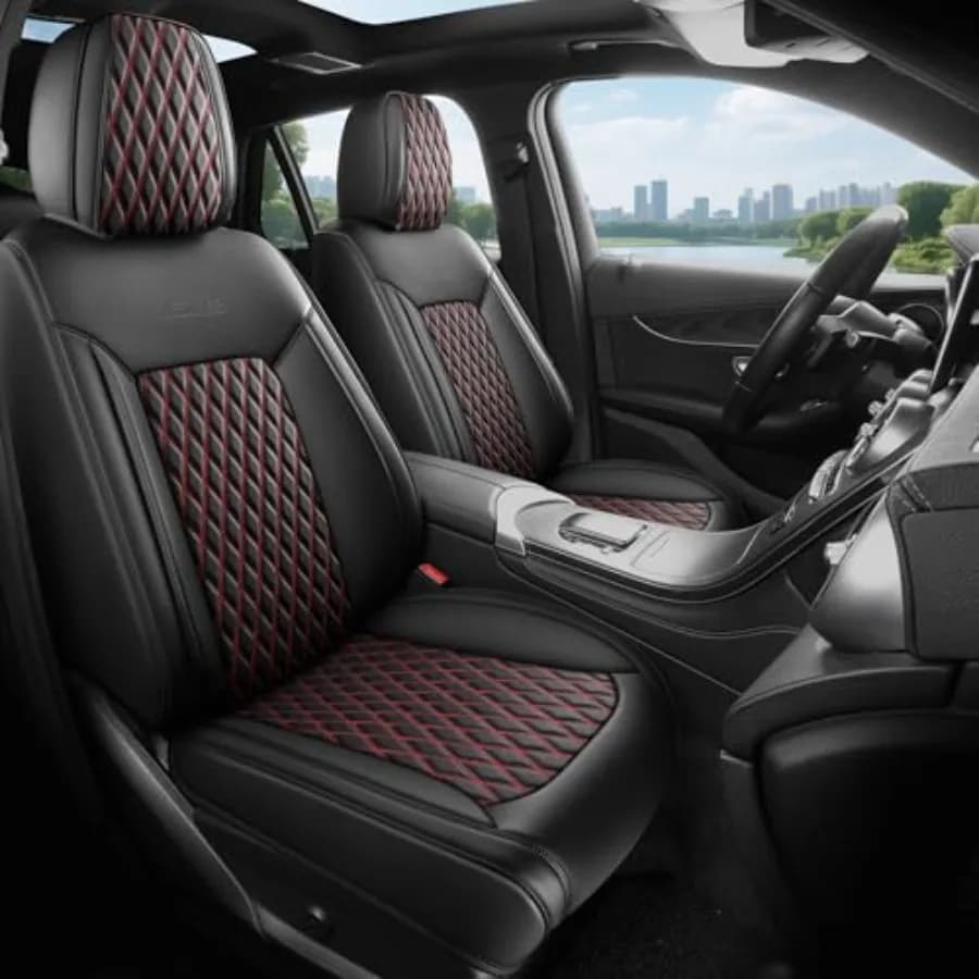 Front Seat Covers for Car 2 Universal Pieces 3D Leather Design Waterproof Seat Cover Style 1 Black with Red Line