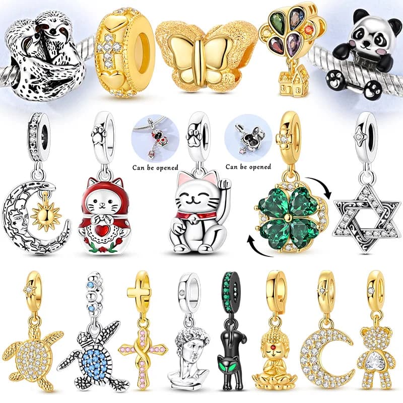 Ciondoli e Perline in Argento Sterling 925 Apribili per Braccialetti Fai da Te da Donna, con Gatto, Matrioska Russa, Ciondolo David, Gioielli di Moda