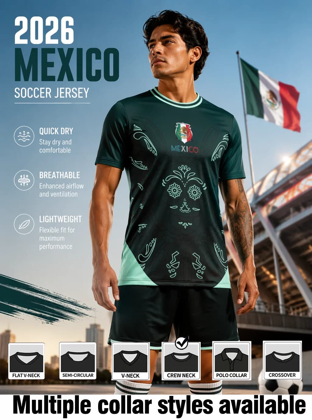 Mexico themed football jersey,day‑of‑the‑dead skull pattern,light‑green trim,moisture‑wicking fabric,athletic fit