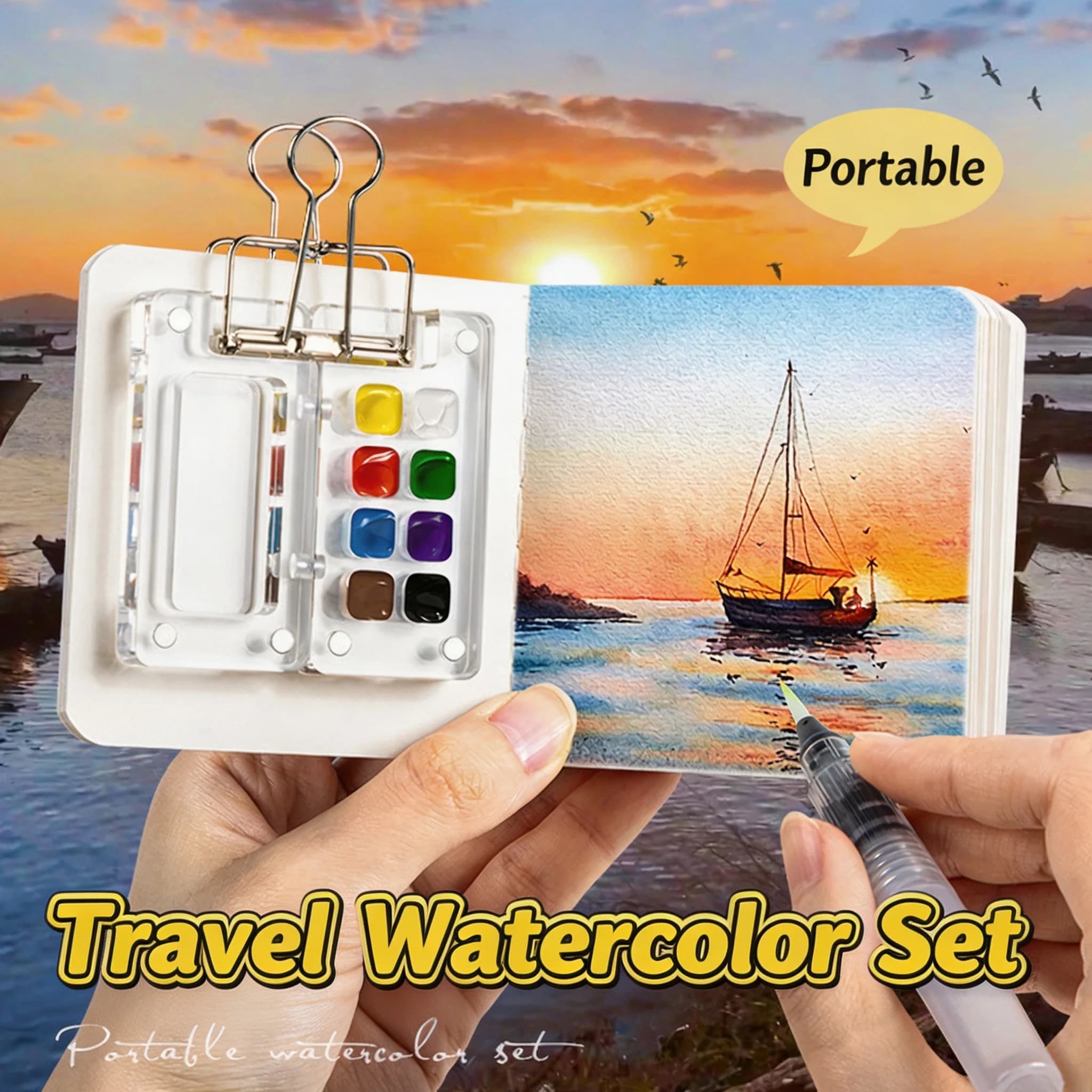 Portable Watercolor Paint Set with Clip Mini Mixing Palette for Sketchbook Travel Painting Artist Art Supplies