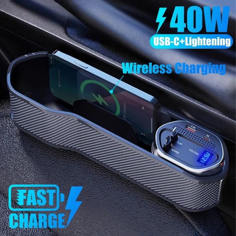 Organizer per Sedile Auto con Ricarica Wireless e Cavo di Ricarica Rapida USB-C/Lightning da 40W, Scatola Portaoggetti per Console Centrale Auto
