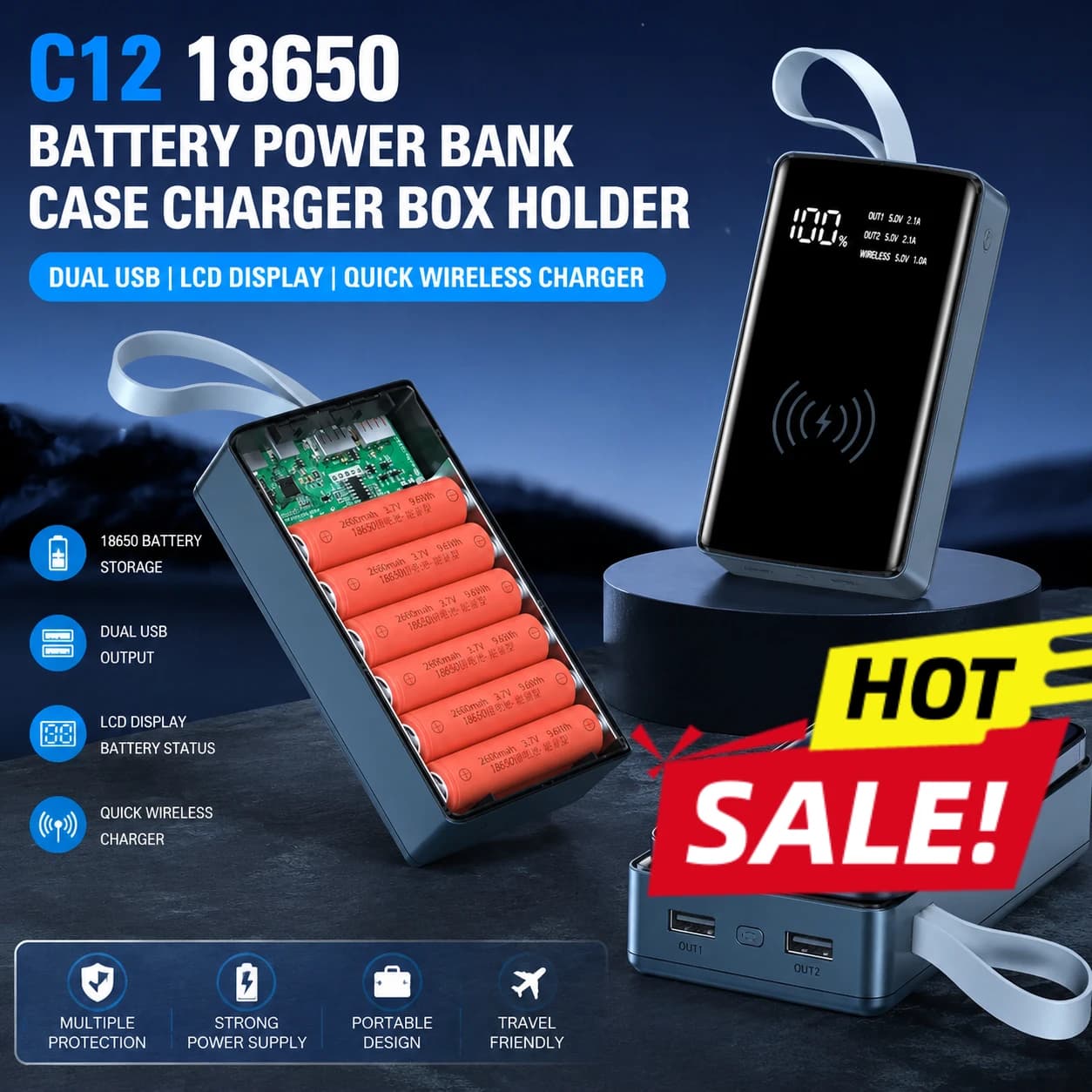 Custodia per Power Bank con Batteria 18650 C12, Caricatore con Doppia USB e Display LCD, Supporto per Ricarica Wireless Veloce, Contenitore per Batterie