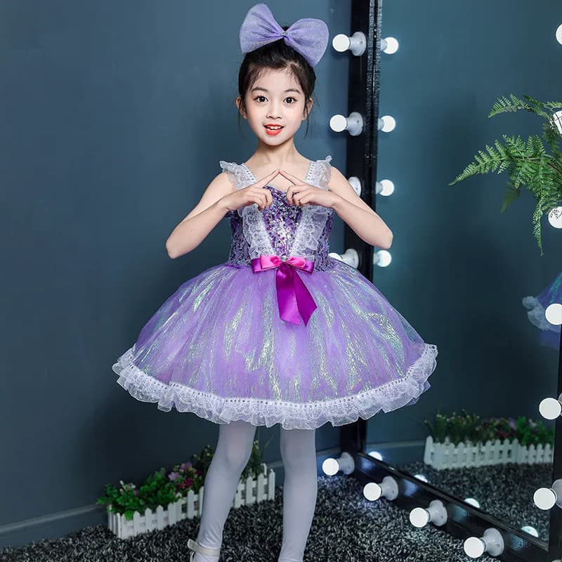 THEEPER Princess Dance Dress for Girls, Sequined Lace Ballet Tutu Dress with Bow Headband, Girls Stage Dance Outfit Dance Wear