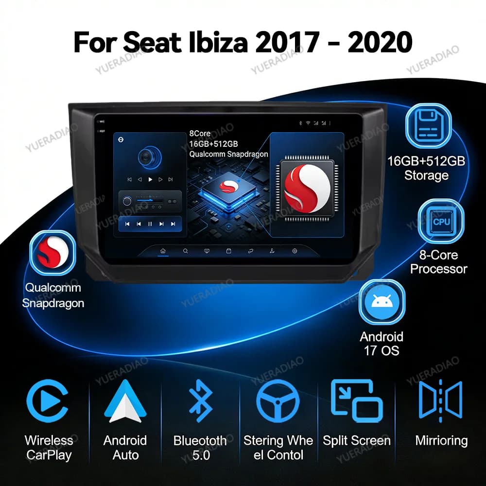 Android 17 Car Radio For Seat Ibiza Arona 2017 2018 2019 2020 GPS NAVI QLED BT 2DIN Head Unit Qualcomm Multimedia Video Player