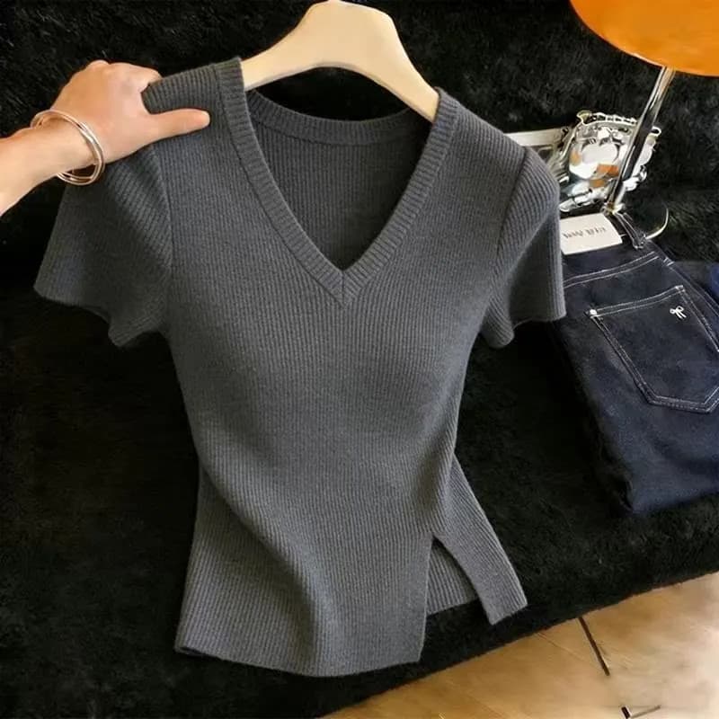Maglione Lavorato a Maglia con Scollo a V da Donna 2026, Nuovo Pullover Estivo con Spacco e Maniche Corte, Top da Donna Q3757