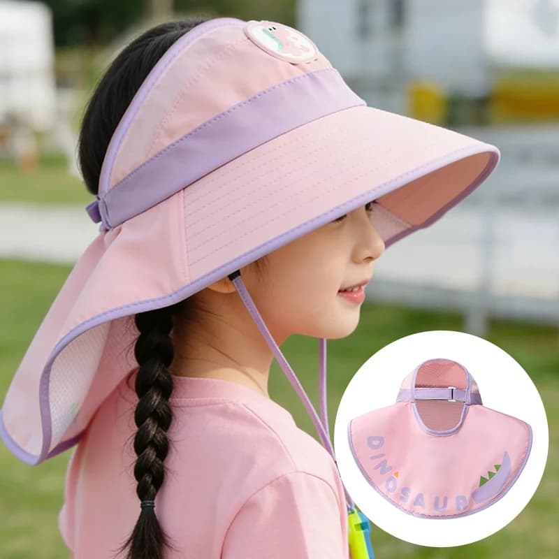 Summer Casual Kids Sun Hat Boys Girls Cute Dinosaur Wide Brim Bucket Hat Adjustable Chin Strap Children Outdoor Beach Cap