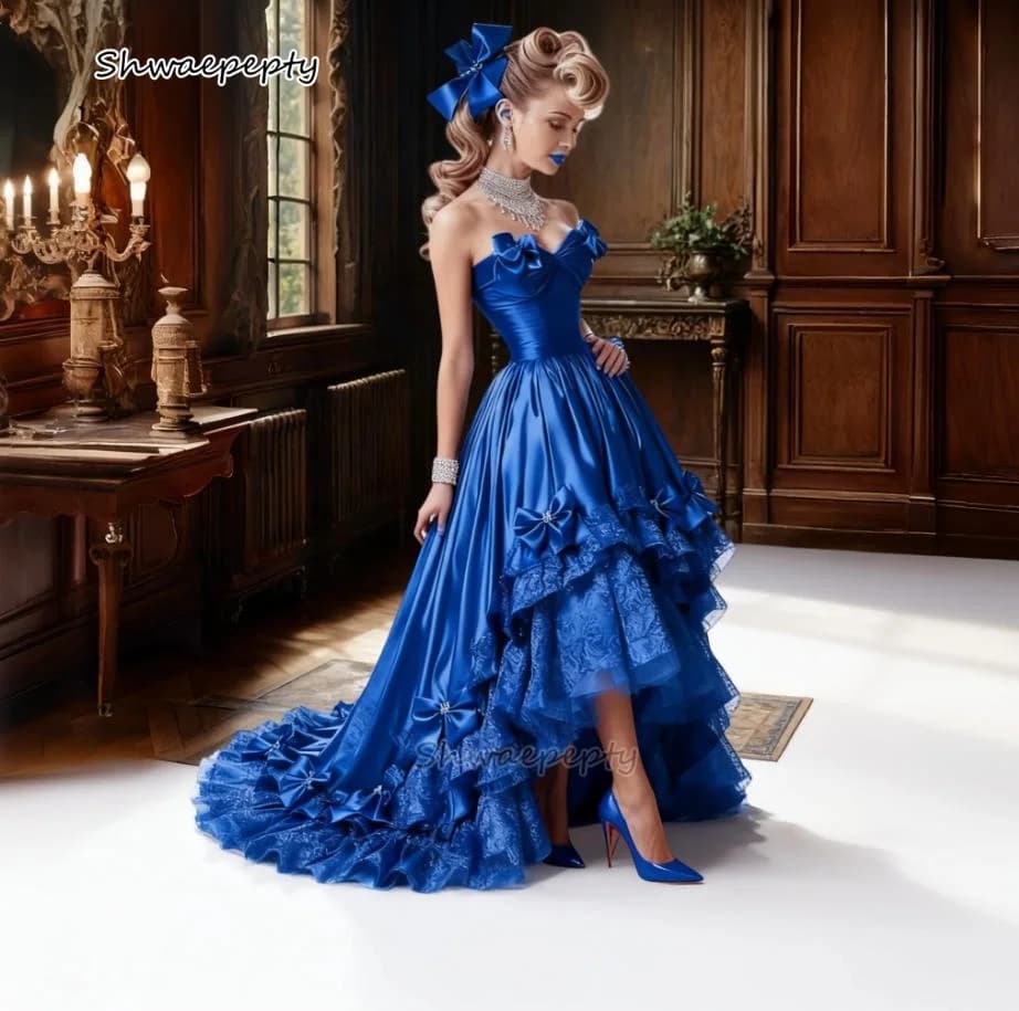Abito da ballo alto basso blu royal con fiocco senza spalline Sweetheart A-Line Abiti da sera in raso di pizzo Abiti personalizzati per occasioni speciali