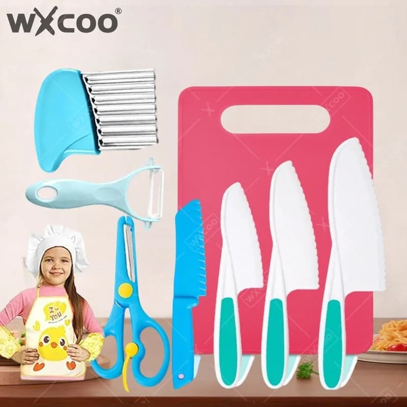 WXCOO Set di 9 Coltelli da Cucina per Bambini, Coltelli in Plastica per Frutta, Taglieri, Accessori da Cucina, Pelapatate Sicuro Fai-da-Te per Bambini