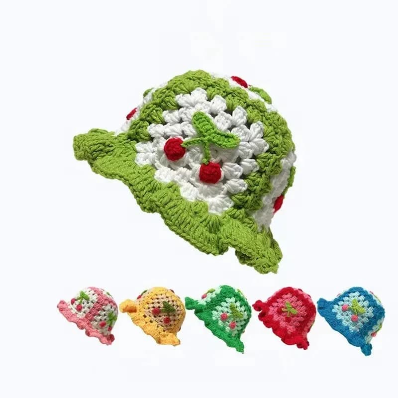 Cappello da pescatore all'uncinetto per donna berretti lavorati a maglia floreali ciliegia fatti a mano ragazza elastico carino cappello da spiaggia Panama per viaggi in vacanza