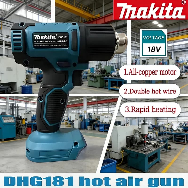 Pistola ad aria calda Makita DHG181 da 18V, 3200W ad alta potenza, con display digitale, per pellicole protettive, cuciture e termoretrazione