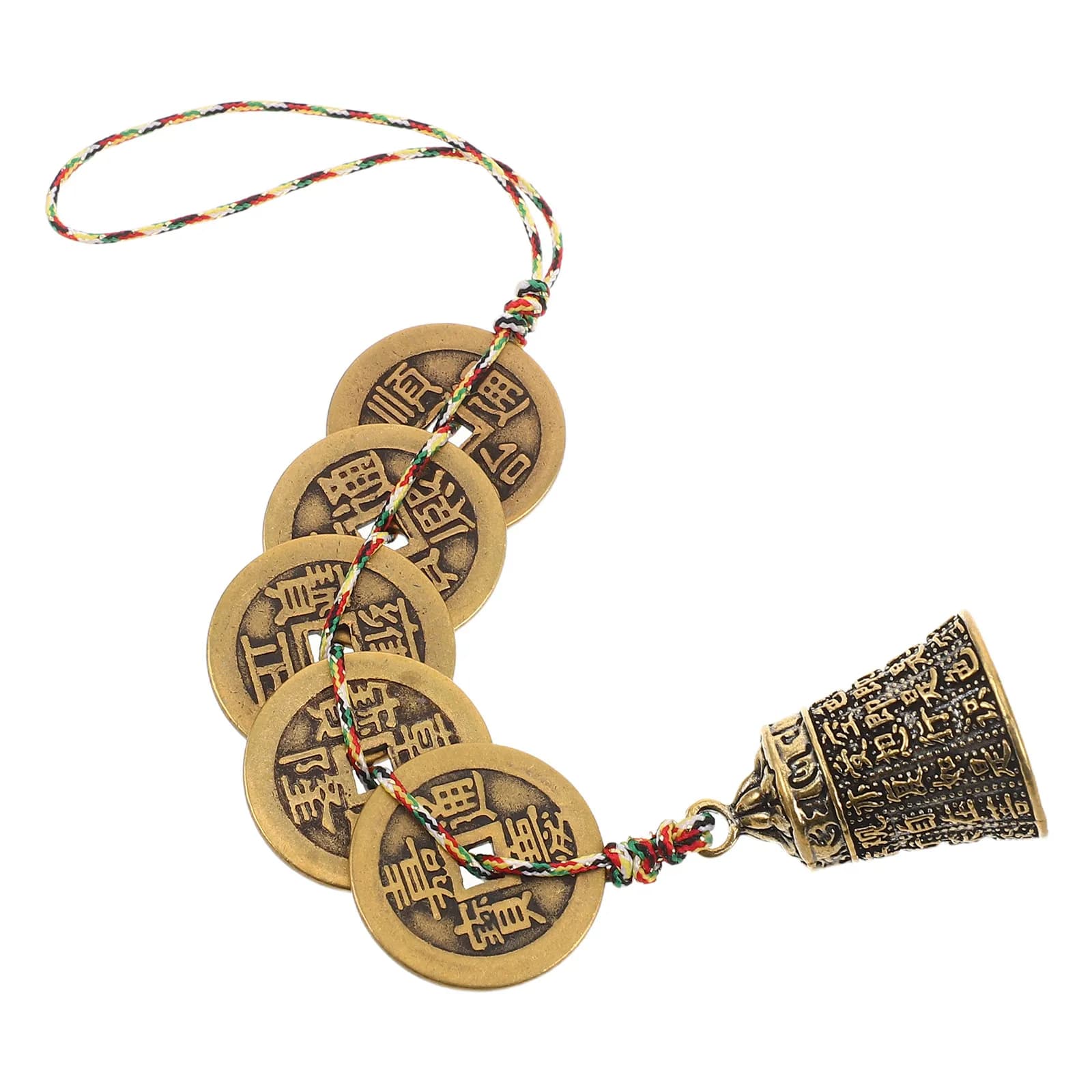 Chinese Brass Feng Shui Bell Pendant Five Emperor Coins Wind Chime Front Door Hanging Bell Blessing Home Success Car Good Luck