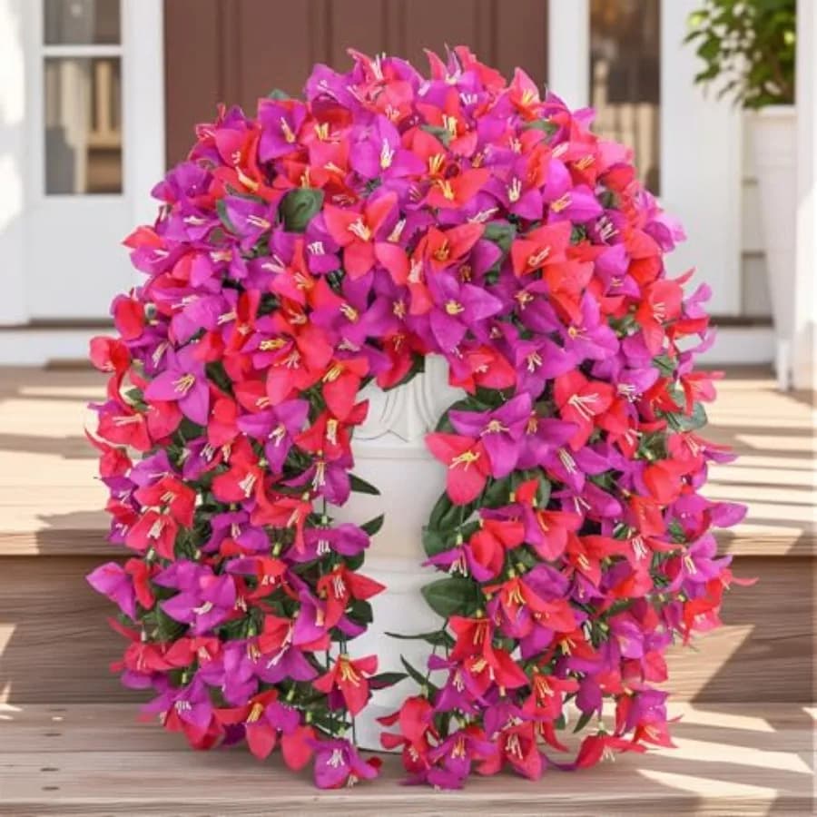 Artificial Hanging Bougainvillea Flowers for Outdoors, 2 PCS Realistic UV Resistant Fake Long Trailing Vines Plants Faux Silk F