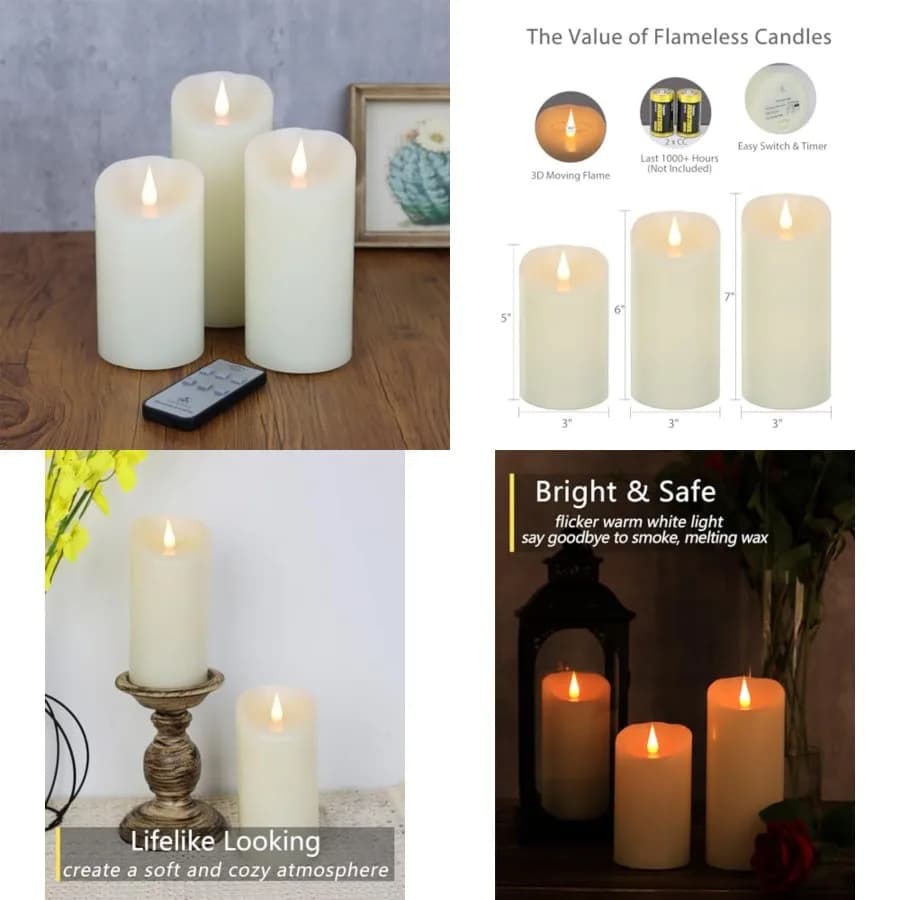 Candele Senza Fiamma con Effetto 3D, Durata 1000+ Ore, Funzionamento a Batteria con Telecomando e Timer, Set di 3 Avorio Realistico
