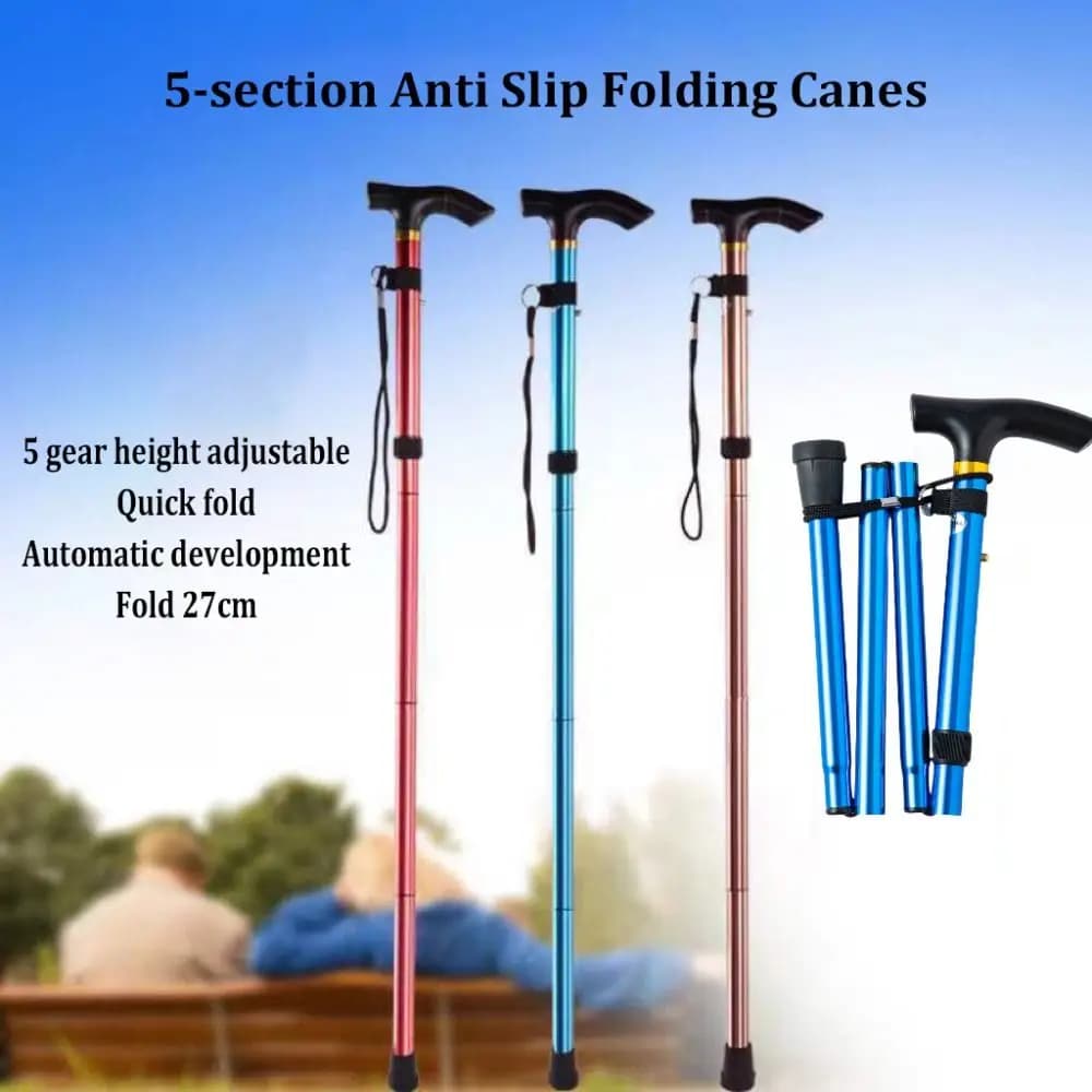 Lightweight Telescopic Trekking Stick Strengthen Adjustable Folding Canes Portable 5-Section Crutches for Adults Elderly People