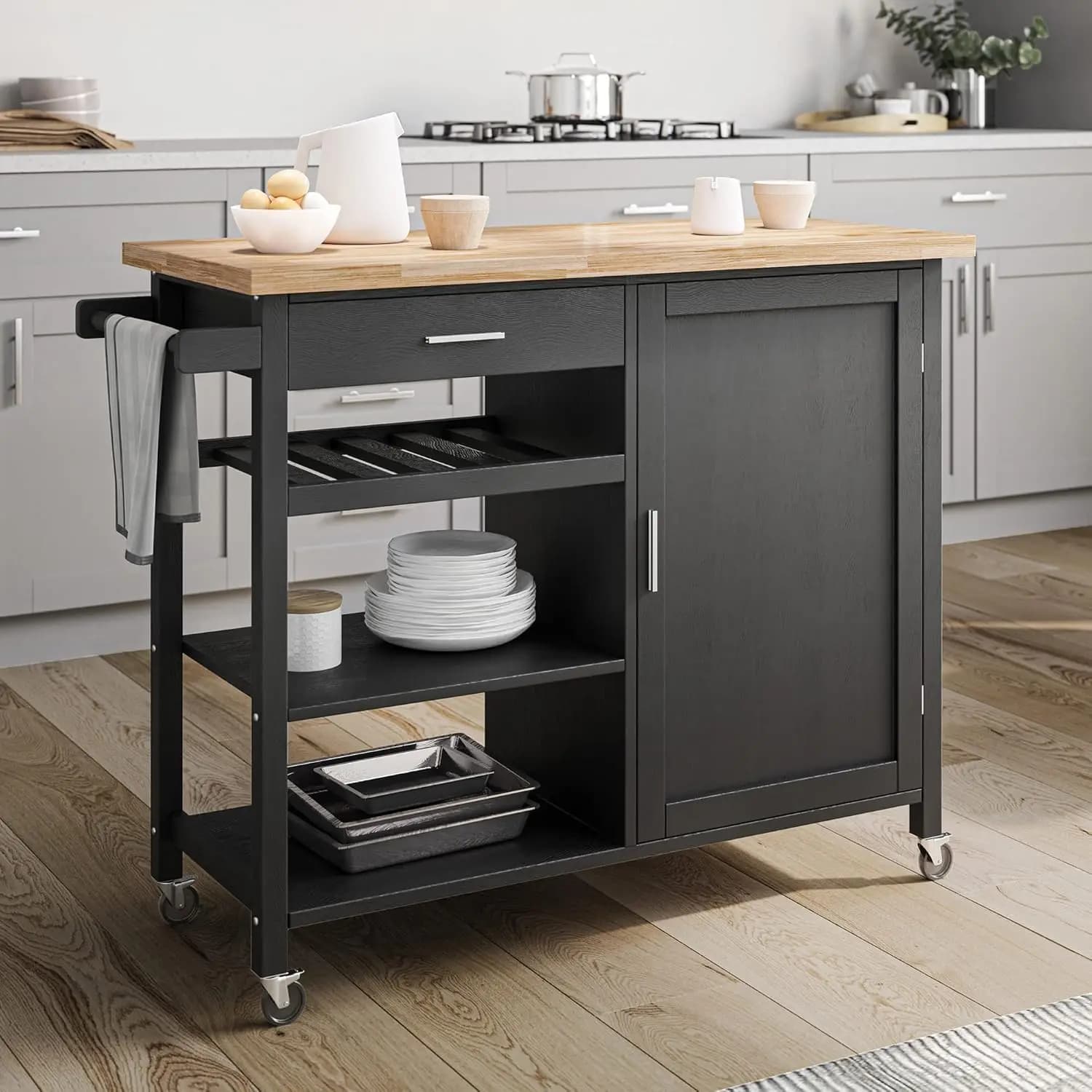 Carrello da Cucina Moderno con Ruote, Cassetto, Armadietto, Maniglia, Portasciugamani, Piano in Legno di Gomma e Base in Ghisa