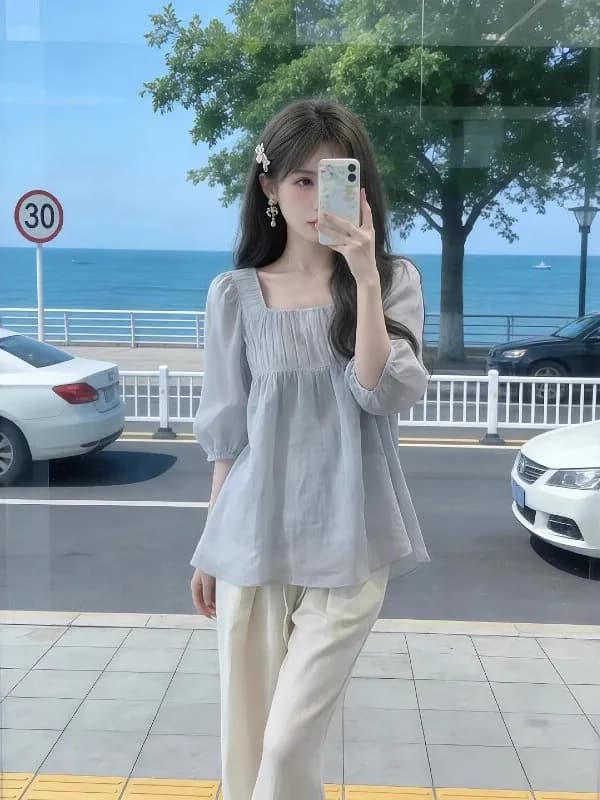 Puffy Sleeve Blouse Women's Summer plus Size Doll Shirt Beautiful Ageless Lace Trimmed Korean Style Loose Fit Short Sleeve