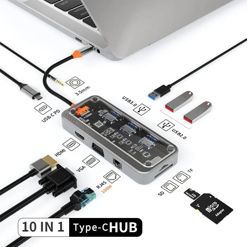Docking station per laptop 10 in 1 Dock station USB Hdmi tipo C PD 3.0 Stazione per laptop per MacBook Pannello trasparente HUB SD/TF 3.5
