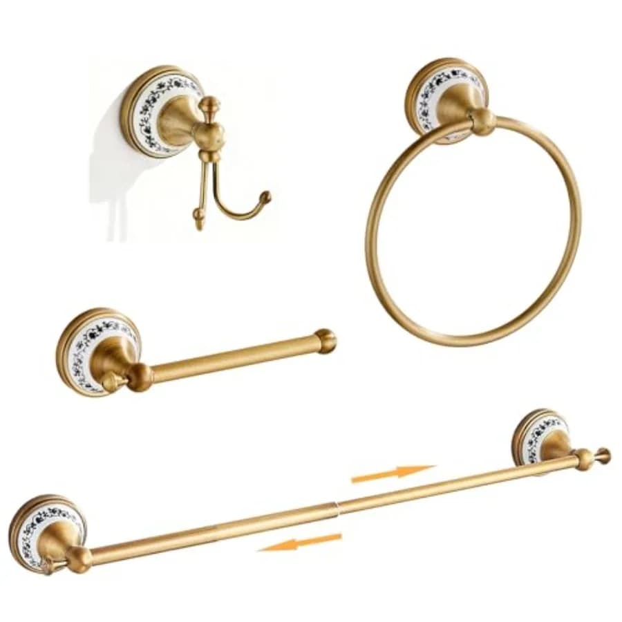 Bathroom towel bar set: antique brass, adjustable expandable rack, bronze toilet paper holder, towel ring, robe hookretro porce