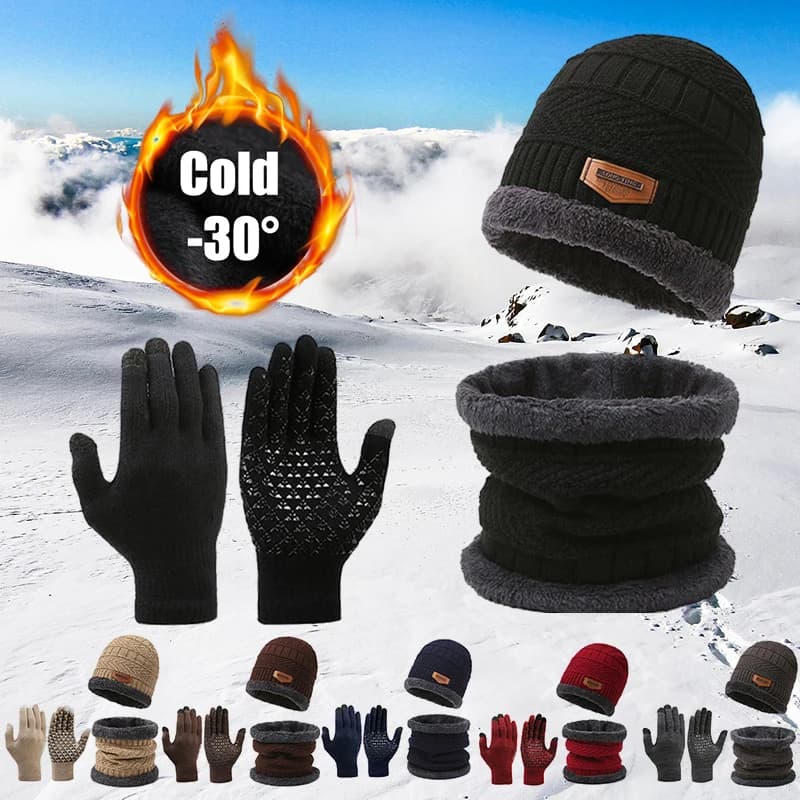 3 pcs/set warm winter cap scarf heat man heat anti-wind gloves thickened knitted hats for racing cycling outdoor sports