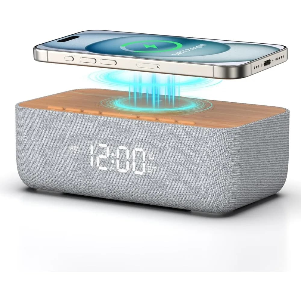 Radiosveglia con ricarica wireless, altoparlante Bluetooth, radio FM e display dimmerabile per camera da letto e scrivania