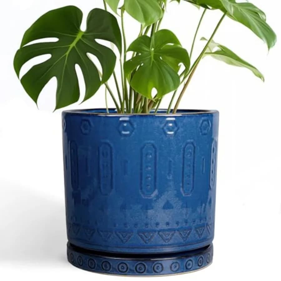 Vaso per Piante in Ceramica, Fioriera da Esterno e Interno con Fori di Drenaggio e Sottovaso, Grande Vaso per Fiori Rotondo Decorativo