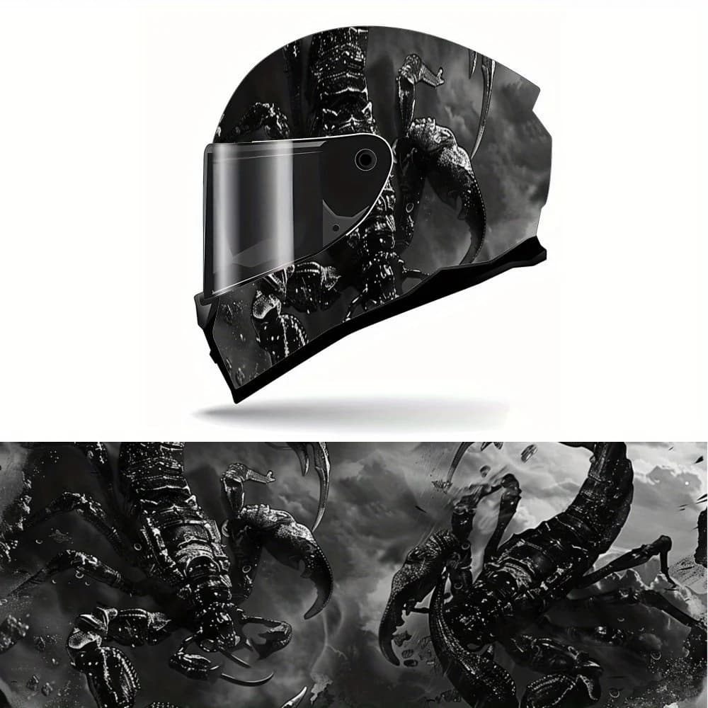 Two black scorpions fighting against a dark cloud background Print Full Helmet Wrap Sticker Motorcycle Helmet Racing Graphic Dec