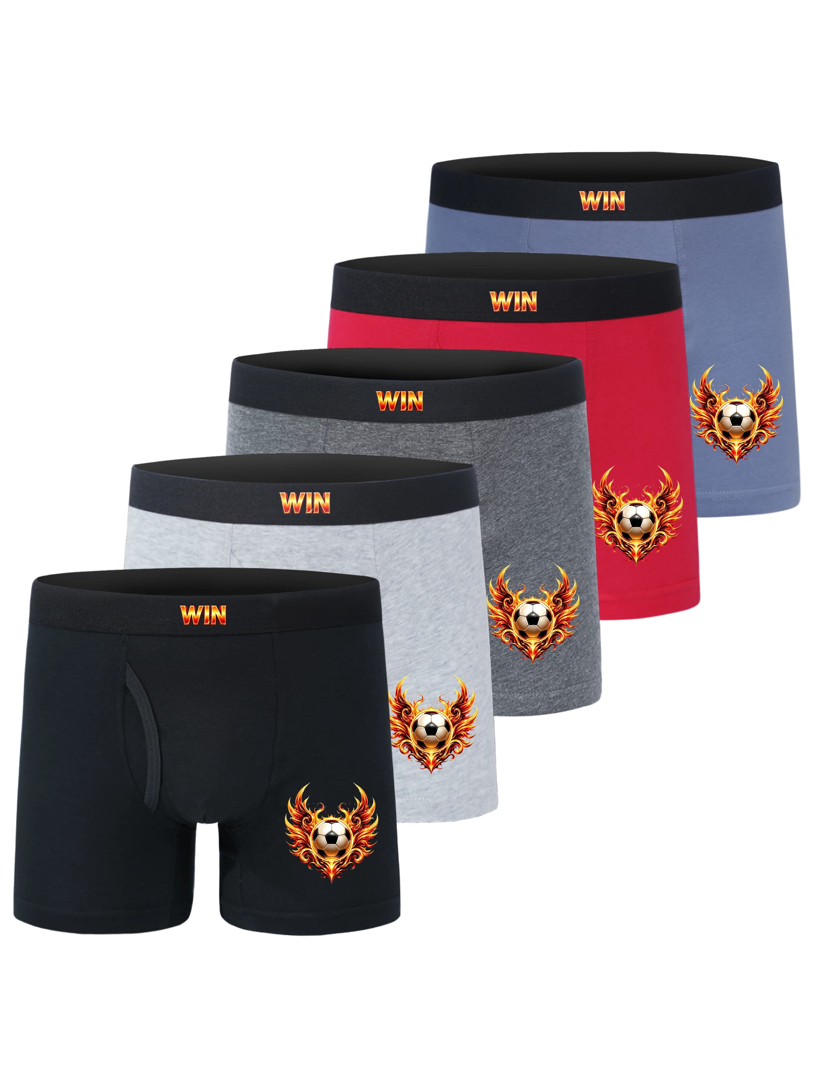5-Pack Boys Cotton Boxer Briefs Summer Underwear Soft Breathable Flame Soccer Print Comfortable Underpants for Boys 5-15 Years