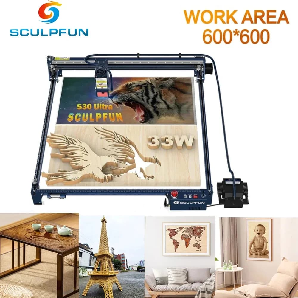 SCULPFUN S30 Ultra Macchina per Incisione Laser 33W, Area 600x600mm con Assistenza Aria Automatica, Lente Sostituibile, Protezione Occhi per Legno