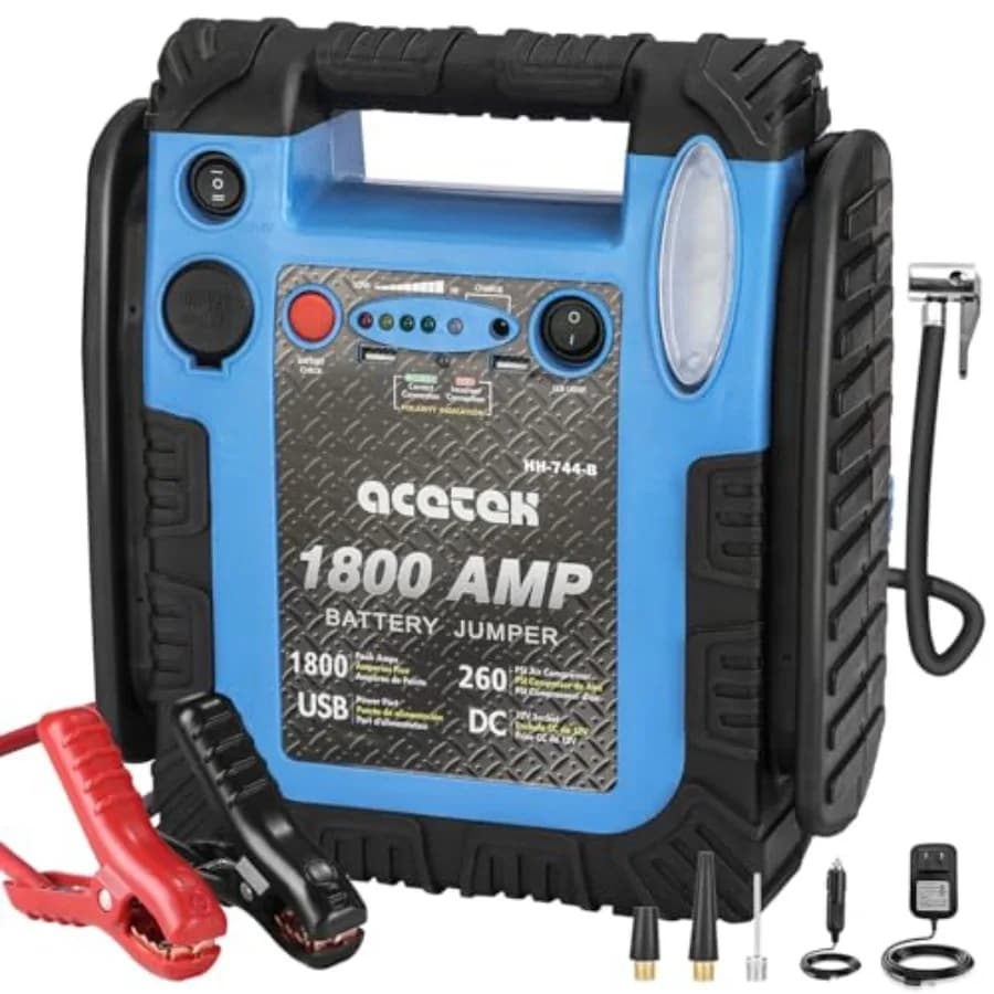 Avviatore d'Emergenza per Auto 1800A con Compressore d'Aria, Batteria 20000mAh 12V, Booster per Motori 6.0L Benzina/Diesel, Pompa per Pneumatici 260 PSI, Multifunzione