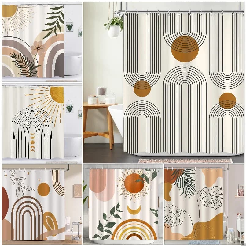 Boho Mid Century Abstract Arch Sun Moon Tropical Leaf Geometric Circle Line Art Pattern Shower Curtain Waterproof Mildew Resista