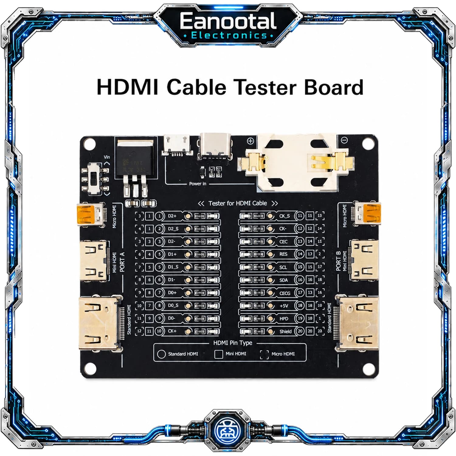 HDMI Cable Tester Board Data Wire Checker with Acrylic Case LED Indicator for HDMI Pin Type Standard/Mini/Micro HDMI Cables Test