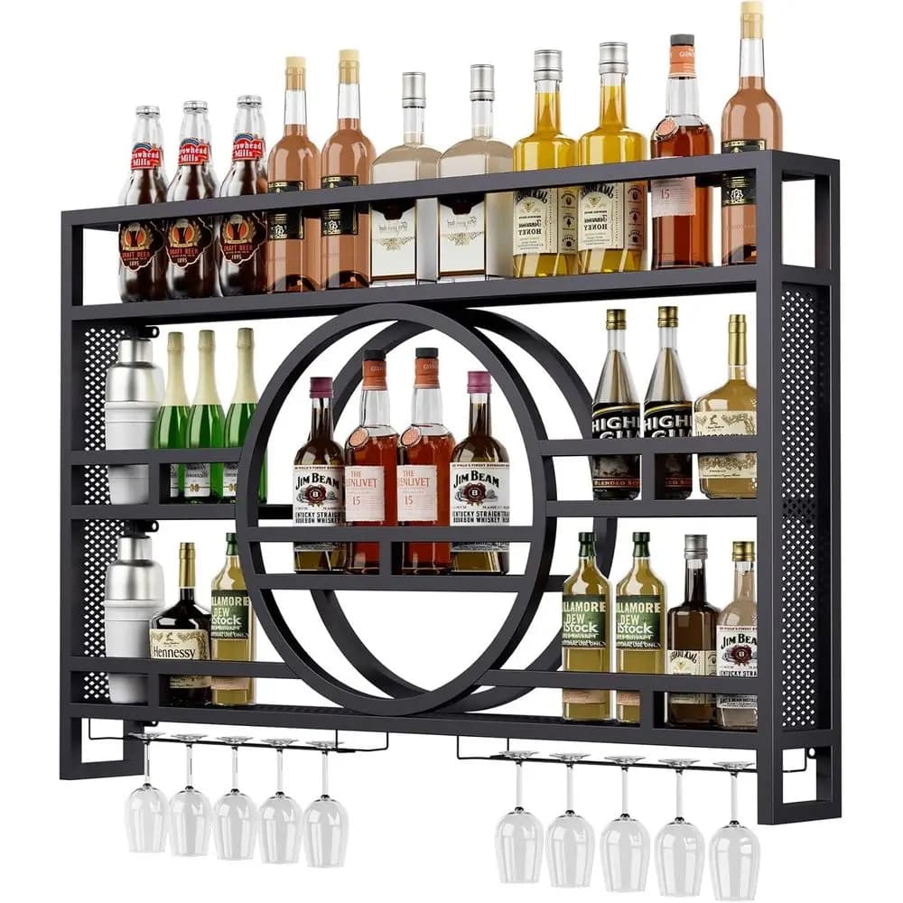 Portabottiglie da parete a 3 livelli da 39 pollici, ripiani da bar galleggianti con portabicchiere da vino, mensola per liquori industriale sospesa, a parete W