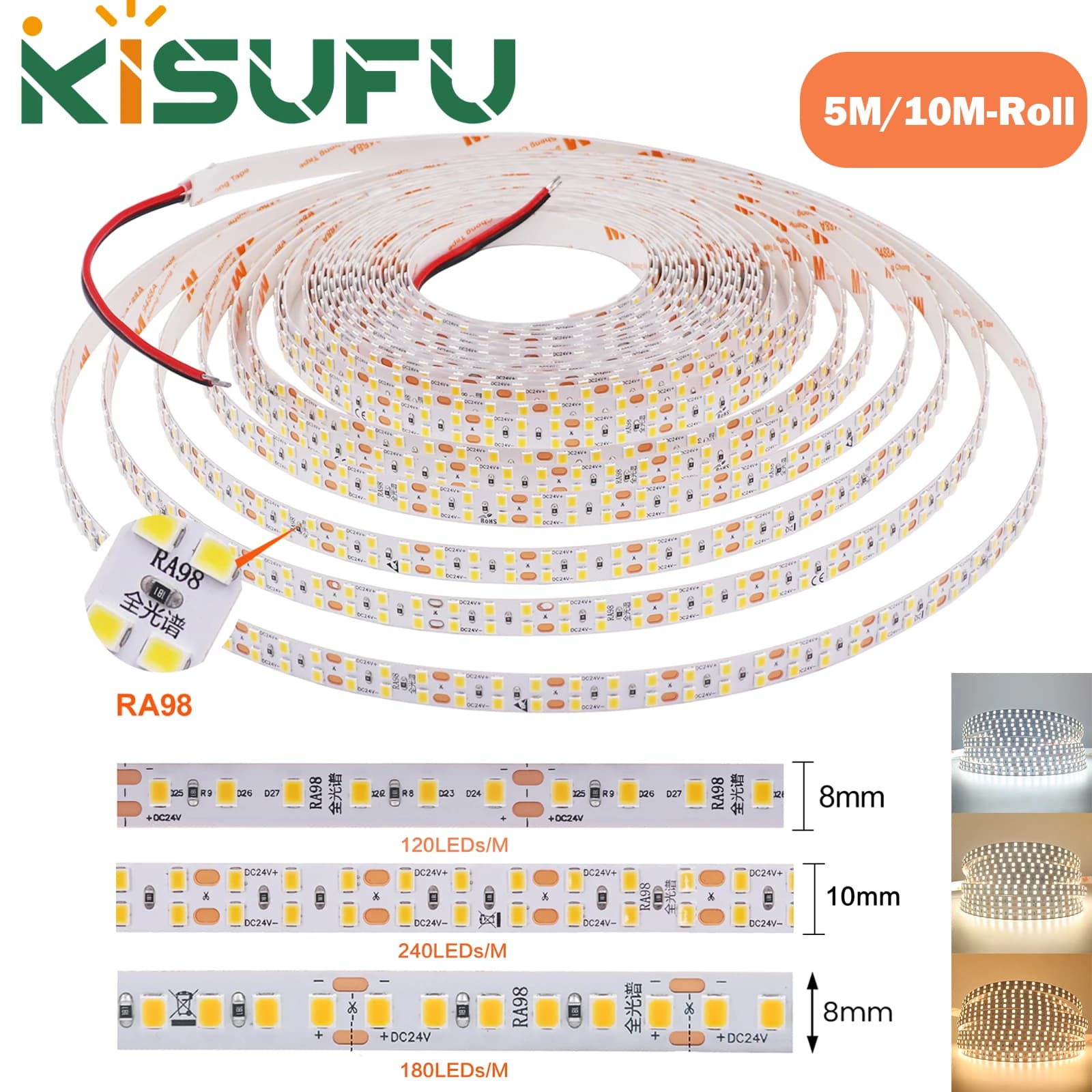 5M 10M RA98 LED Strip Light DC 12V 24V 120 180 240 LED/M Nastro adesivo a nastro flessibile 3000K 4000K 6000K Illuminazione lineare ad alto CRI