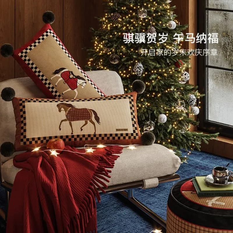 Retro Horse Print Velvet Lumbar Pillow Cover 30x70cm Black White Checkered Border Pom Pom Decor Long Waist Cushion Case Sofa