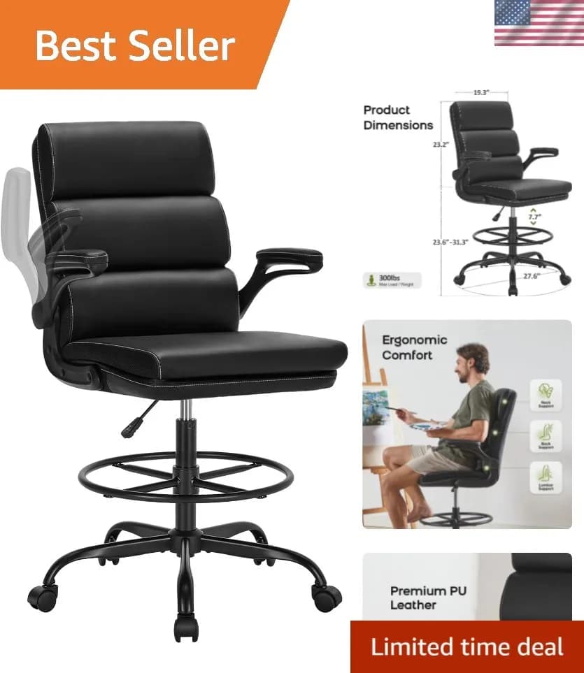 Sedia da Disegno, Sedia da Ufficio Alta con Braccioli Imbottiti Ribaltabili, Ergonomica Direzionale