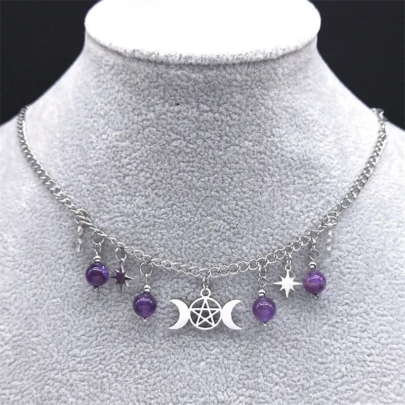 Triple Moon Goddess Pentagram Necklace Stainless Steel Witch Pagan Mysterious Hecate Women's Accessories Jewelry Luna Collar