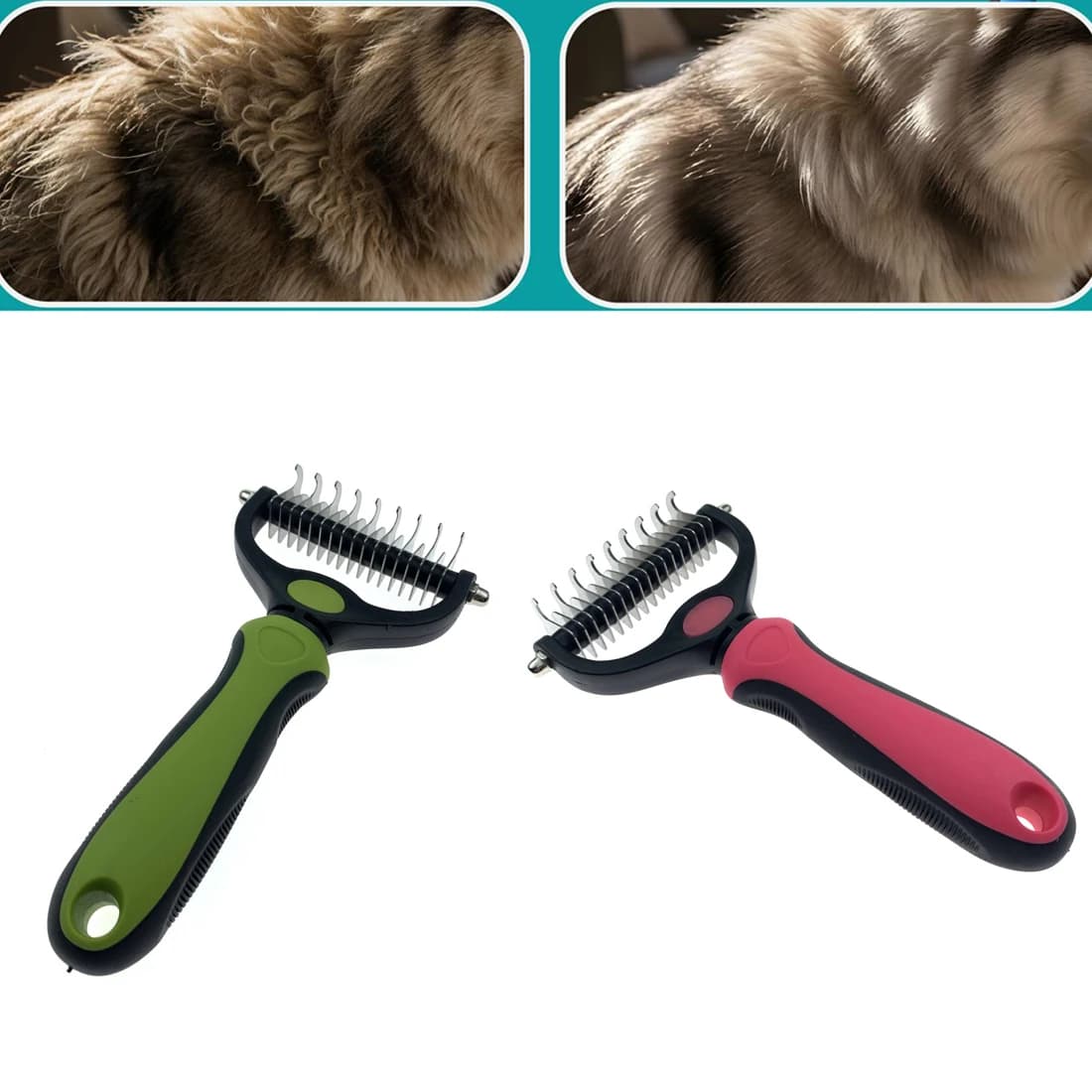 Rastrello per toelettatura animali - Strumento deshedding e demattifying a doppia faccia, rastrello per sottopelo per cani e gatti, pettine deshedding extra largo