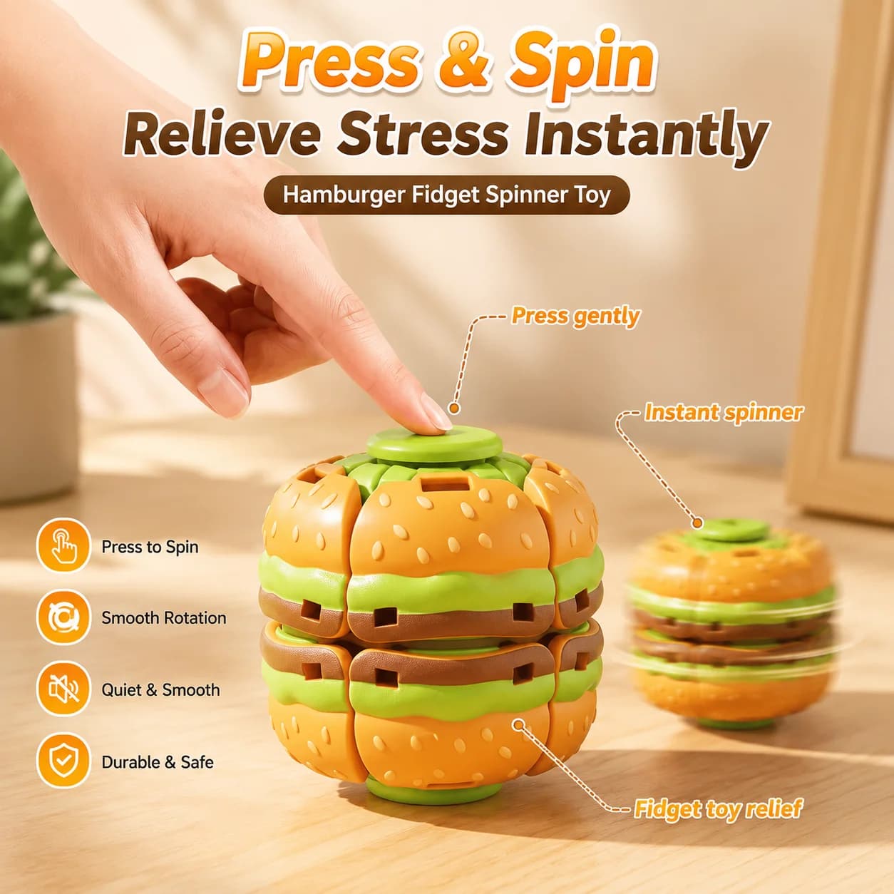 Novelty Hamburger Press‑to‑Spin Fidget Spinner Ball 360° Rotating Gyro Toy Food Shape Stress Relief Sensory Toy Desktop Decor