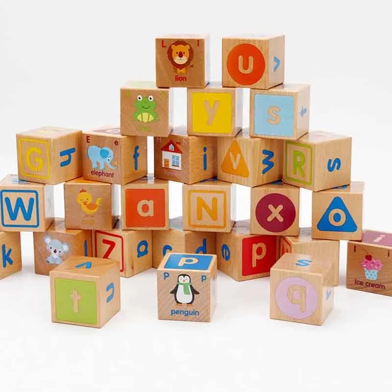 Giocattoli in legno per bambini Cubo Figura Blocchi Giocattolo educativo per l'apprendimento precoce 26 Alfabeto Cognizione animale Blocchi di costruzione Regali per bambini