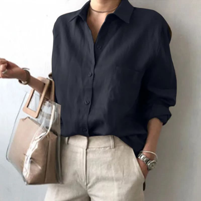 Camicia POLO da donna in cotone-lino a maniche lunghe con colletto e bottoni, comoda camicetta casual da ufficio primaverile