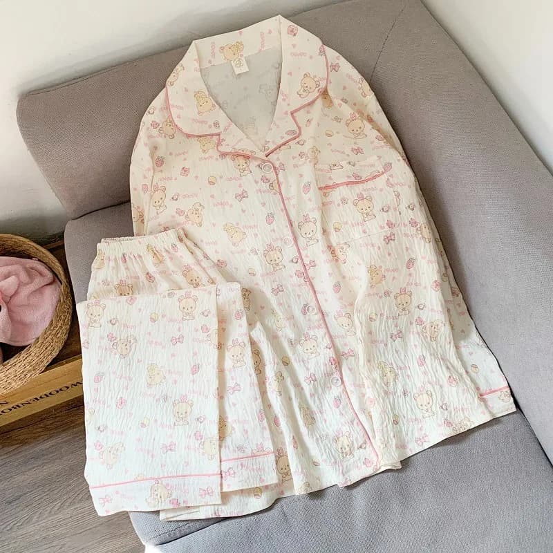 Harajuku Plus Size Dolce e Carino Pigiama da Donna Autunno Nuovo Risvolto Collo 2025 2 Pezzi Vestito Degli Indumenti da Notte Femme Kawaii Casual Homewear