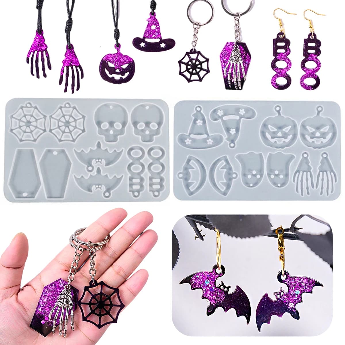 Stampo in silicone per gioielli serie Halloween fai da te teschio zucca pipistrello fantasma bara design orecchino pendente stampo in resina epossidica UV all'ingrosso