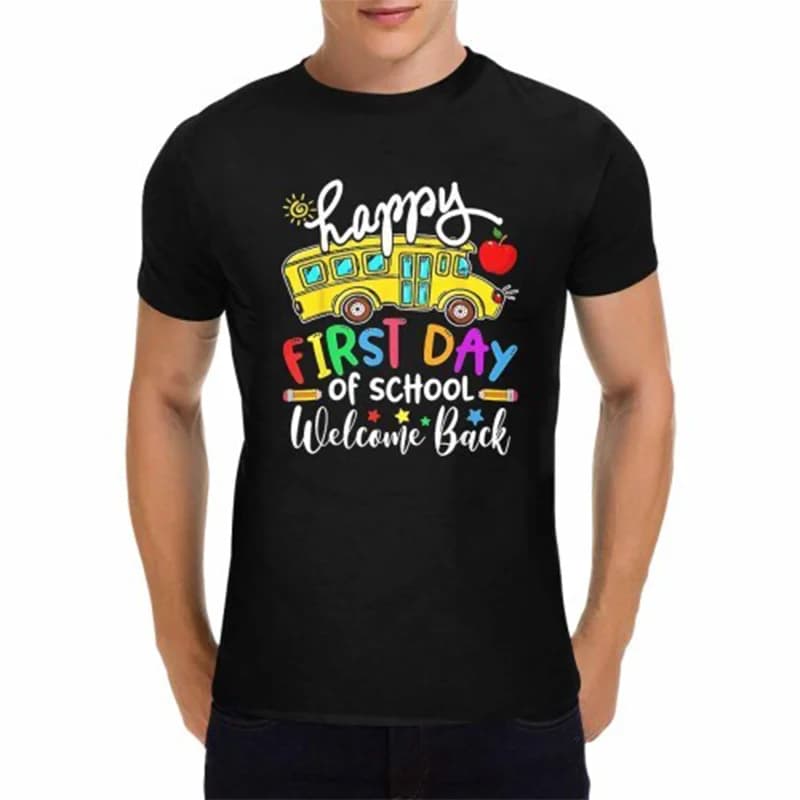T-shirt nera da uomo "Buon primo giorno della scuola Welcome Back" T-shirt grafica per scuolabus, regali per insegnanti/studio WHX 180g