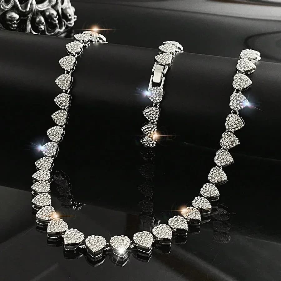 Nuova Collana Bracciale Tennis Hip Hop da 45CM con Cuore Lucido e Strass CZ, Gioielli alla Moda per Feste Rock, Regalo per la Festa della Mamma
