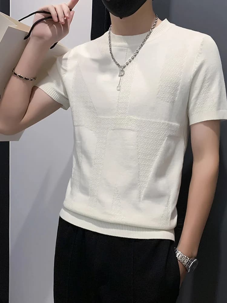 White Knitted Summer Suit Inner round Neck Half Sleeve T-Shirt for Men Breathable Polyester Nylon Blend Short Sleeve Fashiona...