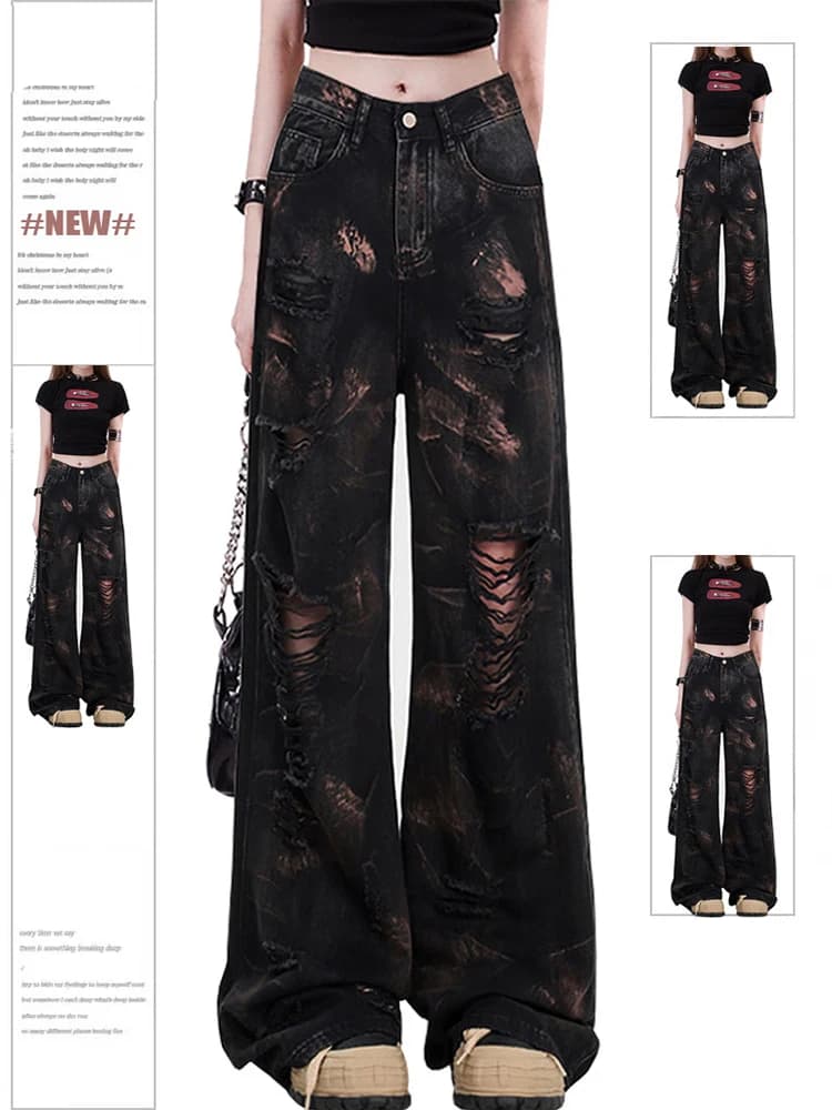 Y2k black gothic jeans for women wide pants in Denim Harajuku pants Vintage Emo Jean dresses trash style Japanese 2000s